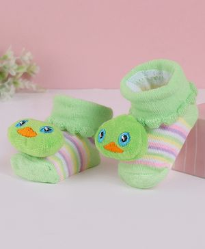Cute Walk by Babyhug Slip On Socks Shoes with Stripes & Duck Applique - Light Green