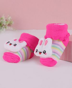 Cute Walk by Babyhug Slip On Socks Shoes with Stripes & Bunny Applique - Dark Pink