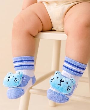 Cute Walk by Babyhug Fabric Slip On Socks Shoes with Stripes & Bear Applique - Lavender