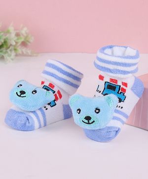Cute Walk by Babyhug Fabric Slip On Socks Shoes with Bear Applique - Light Blue & White