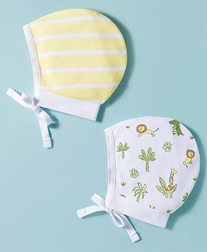 Babyhug 100% Cotton Interlock Knit Caps With Animal Print Pack Of 2 Yellow & White - Diameter 16 cm