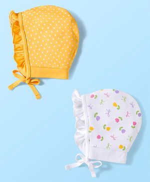 Babyhug 100% Cotton Interlock Knit Caps With Polka Dots & Floral Print Pack Of 2 - Diameter 17 cm
