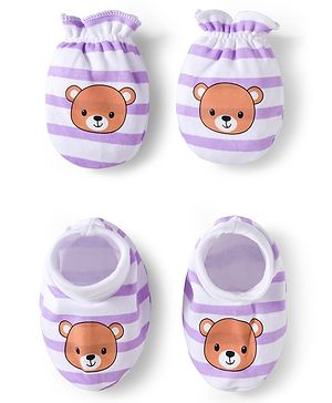 Babyhug 100% Cotton Interlock Knit Mittens & Booties Set With Animal Print - Purple