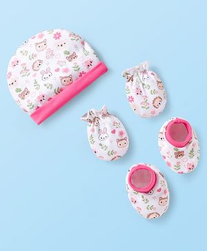 Babyhug 100% Cotton Interlock Knit Cap Mittens & Booties Set With Floral Print Pink & White - Diameter 10.5 cm