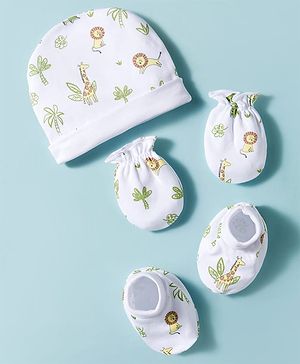 Babyhug 100% Cotton Interlock Knit Cap Mittens & Booties Set With Animal Print White - Diameter 17.5 cm