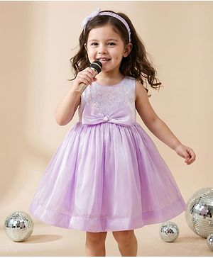 Babyhug Woven Sleeveless Party Dress with Headband  Sequin Detailing & Bow Applique - Lavender