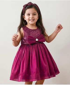 Babyhug Woven Sleeveless Party Dress
                              with Headband Sequin Detailing & Bow
                              Applique - Wine