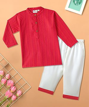 Desi Soota Cotton Woven Full Sleeves Katha Work Detailed Kurta & Pyjama Set - Red