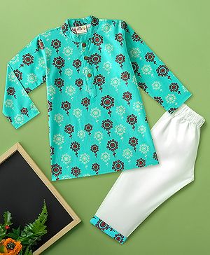 Desi Soota Cotton Woven Full Sleeves Floral Printed Kurta &  Pyjama Set - Teal Blue