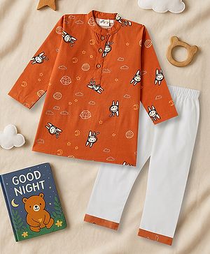 Desi Soota Cotton Woven Full Sleeves Space Theme Pinted Kurta & Pyjama Set - Rust Orange