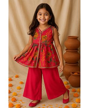 Tales & Stories Viscose Woven Sleeveless Floral Printed & Gota Lace Embellished Kurti & Palazzo Set - Pink