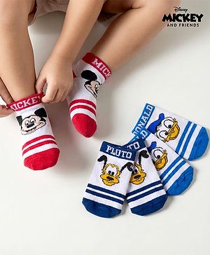 Cute Walk by Babyhug Disney  Knitted Ankle Length Anti Bacterial Socks With Mickey Mouse and Friends Graphic Pack of 3 - Red & Blue