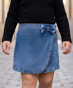 Babyoye Woven Solid Dyed Denim Skort
                              With Bow Applique - Blue