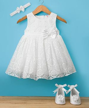 Babyhug Woven Sleeveless Lace Baptism Party Dress with Headband Booties & Pearl Detailing - White