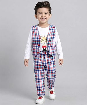 Babyhug Cotton Woven Full Sleeves Giraffe Printed Party T-Shirt & Trouser Set with Yarn Dyed Checks Waistcoat - Blue