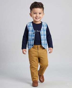Babyhug Cotton Woven Full Sleeves T-Shirt with Yarn Dyed Checks Waistcoat & Trouser - Blue