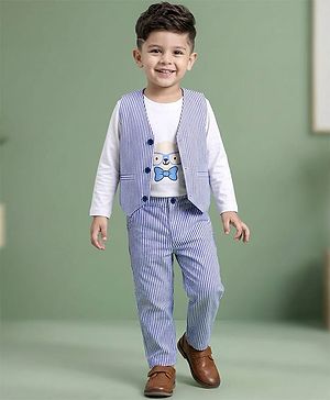 Babyhug Cotton Woven Full Sleeves Dog Printed Party T-Shirt & Trouser Set With Waistcoat - Blue