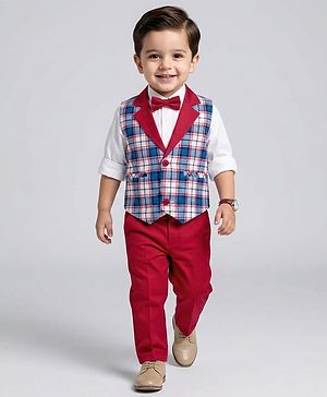 Babyhug Cotton Woven Full Sleeves Yarn Dyed Checks 3 Piece Party Suit With Bow & Waist Coat - Maroon