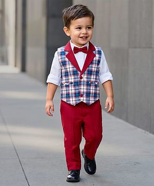 Babyhug Cotton Woven Yarn Dyed 3 Piece Party Suit with Bow & Checks - Maroon & White