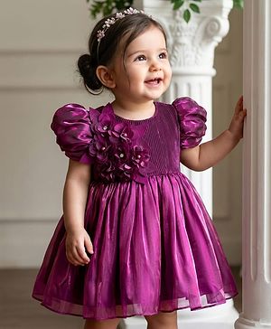 Babyhug Woven Half Sleeves Party Dress With Floral Corsage - Wine