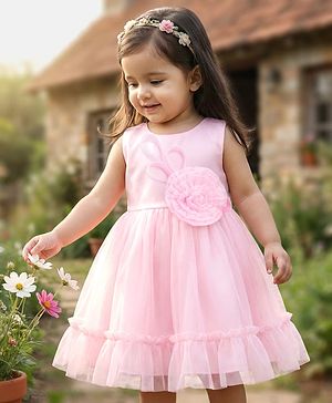 Babyhug Woven Sleeveless Party Dress With Floral Corsage - Pink