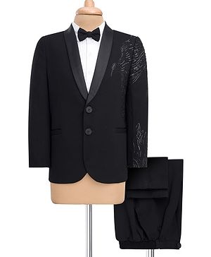 Babyhug Knit Full Sleeves Embellished 3 Piece Party Suit with Bow - Black