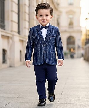 Babyhug Velour Knit Full Sleeves Shimmer 3 Piece Party Suit With Bow - Navy Blue & White