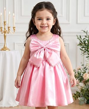Babyhug Woven Sleeveless Party Dress with Bow Applique - Light Pink