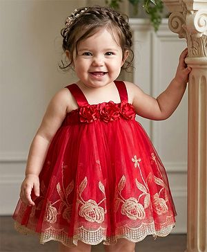 Babyhug Mesh Woven Sleeveless Party Dress With Floral Applique & Embroidery - Red