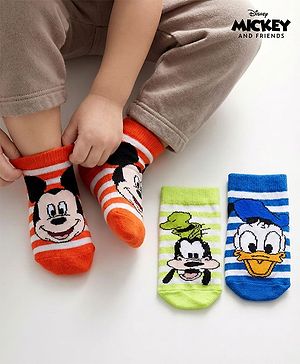Cute Walk by Babyhug Disney Knit Ankle Length Antibacterial Socks With Mickey Mouse and Friends Graphic Pack of 3 - Blue & Orange