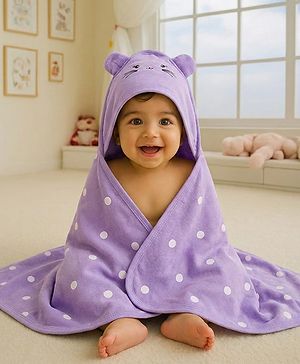 Babyhug Cotton Terry Knit Hooded Towel with Ear Applique Polka Dot Print & Embroidery L 73 x B 72 cm - Lilac