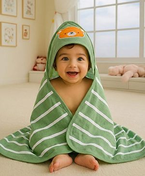 Babyhug Cotton Terry Knit Hooded Towel with Bear Patch Detailing & Stripes L 76 x B 74 cm - Green