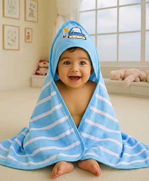 Babyhug Cotton Terry Knit Hooded Towel with Crane Patch Detailing & Stripes L 74 x B 74 cm - Light Blue