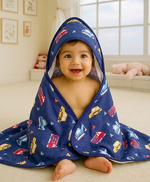 Babyhug Cotton Terry Knit Hooded Towel with Vehicle Print L 75 x B 73 cm - Navy Blue