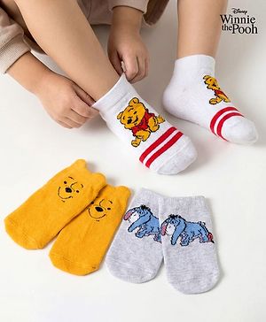 Cute Walk by Babyhug Disney Knit Ankle Length Antibacterial Socks with Winnie the Pooh Graphic Pack of 3 - White Yellow & Grey