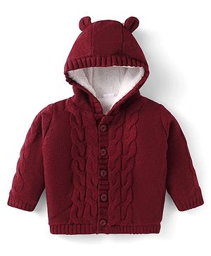 Babyhug Knit Full Sleeves Hooded Front Open Sweater with Cable Knit Design & Ear Applique - Maroon