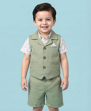 Babyhug Cotton Woven Half Sleeves Floral Printed Shirt & Shorts Set with Jacket - Light Green