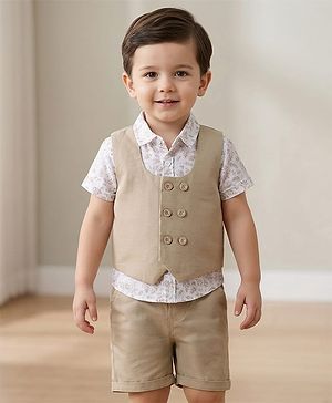Babyhug Cotton Woven Half Sleeves Shirt & Shorts Set with Waistcoat & Leave Print - Tan & Beige