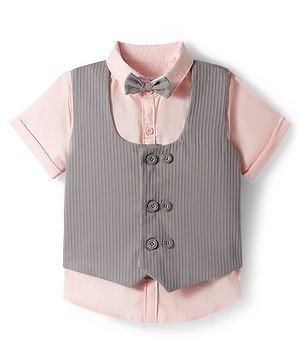 Babyhug Cotton Woven Half Sleeves Solid Color Shirt & Shorts Set with Waistcoat & Bow - Grey & Pink