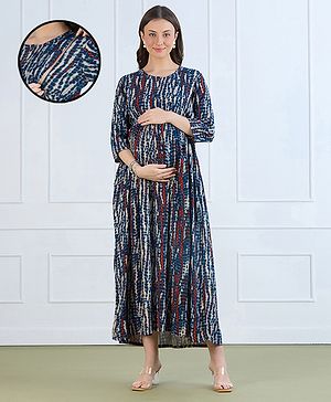 MomToBe Rayon Woven Three Fourth Sleeves Abstract Printed Maternity Dress With Side Zipper Nursing Access - Multi Colour