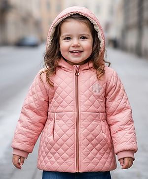Babyhug Woven Full Sleeves Solid Color Hooded Quilted Jacket - Pink