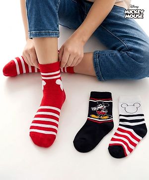 Pine Kids Disney Knit Ankle Length Anti-Bacterial Socks with Mickey Mouse Graphic Pack of 3 - Red & White
