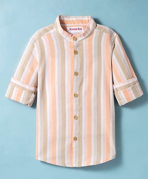 Kookie Kids India Cotton Woven Full Sleeves Mandarin Collar Kurta Style Shirt With Stripes - Off White