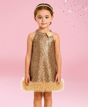 Cutecumber Woven Sleeveless Sequin Embellished & Floral Applique Detailed Dress - Beige