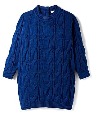Babyhug Knit Full Sleeves Pullover Woollen Dress with Cable Knit Design - Navy Blue