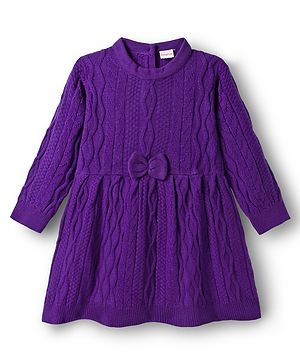 Babyhug Knit Full Sleeves Woolen Dress With Cable Knit Design & Bow Applique - Purple
