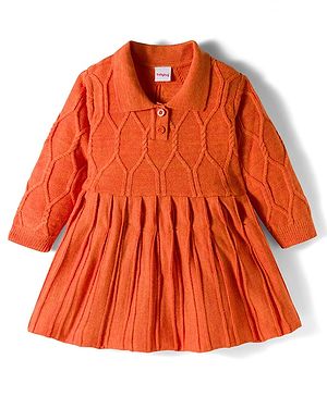 Babyhug Knit Full Sleeves Woollen Dress with Cable Knit Design - Orange