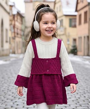 Babyhug Knit Full Sleeves Woollen Dress with Cable Knit Design - Wine & White