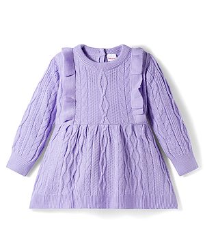 Babyhug Knit Full Sleeves Woollen Dress with Cable Knit Design & Frill Detailing - Lavender