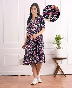 Bella Mama Woven Three Fourth Sleeves
                              Maternity Dress With Floral Print and
                              Pockets - Black